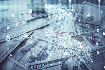 Fototapeta na wymiar Double exposure of data theme drawing over us dollars bill background. Technology concept.