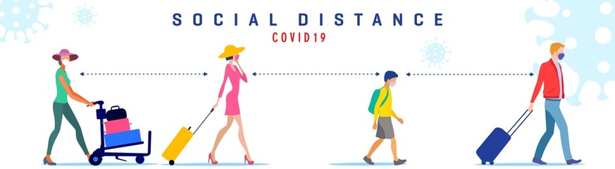 Precautions against coronavirus. Social distance rule and wearing a face mask. Passengers at the terminal.