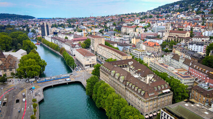 Amazing aerial view over the city of Zurich in Switzerland - drone footage