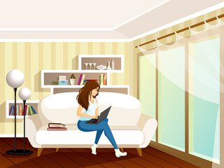 Work from home. COVID-19 virus. People work at home to prevent virus infection. Woman working on the couch. Sofa. Girl works on a laptop . Freelance, remote work, job