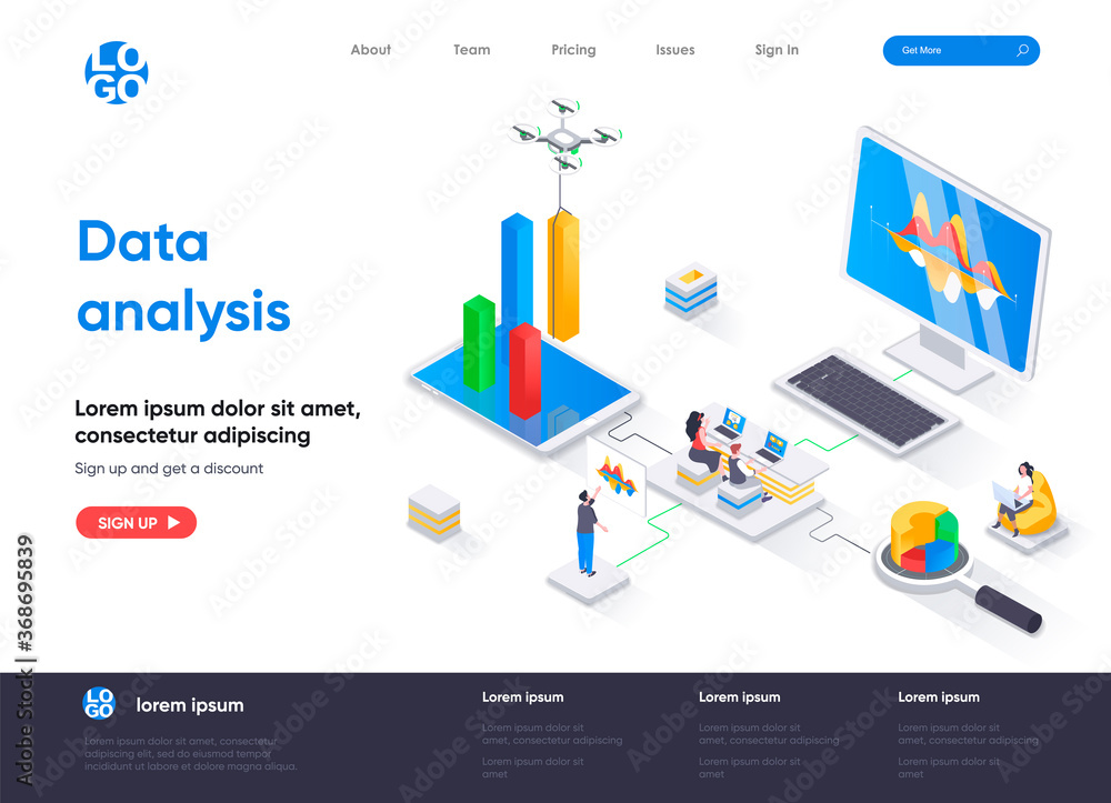 Poster data analysis isometric landing page. financial data analysis, management and optimization, database