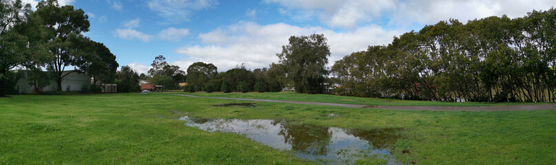 Fototapeta na wymiar Beautiful panoramic view of a park with green grass and reflections of trees and sky on water puddle, Reid Park, Rydalmere, New South Wales, Australia