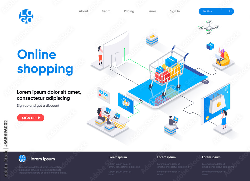 Leinwandbilder Online shopping isometric landing page. E-commerce business, web solution for online shopping platform, order and delivery isometry web page. Website flat vector illustration with people characters.