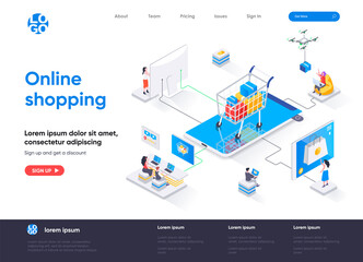 Online shopping isometric landing page. E-commerce business, web solution for online shopping platform, order and delivery isometry web page. Website flat vector illustration with people characters.
