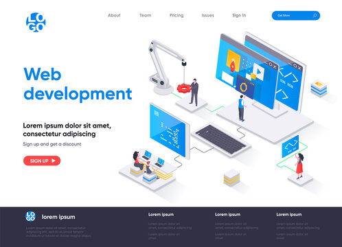 Web development isometric landing page. Full stack development, software engineering, design and programming isometry web page. Website flat template, vector illustration with people characters.