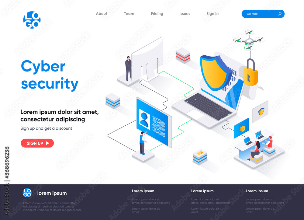 Fototapete Cyber security isometric landing page. Internet privacy, password access, firewall software and identification isometry web page. Website flat template, vector illustration with people characters.