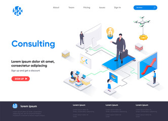 Obraz na płótnie Canvas Consulting isometric landing page. Competent business expertise and law assistance, financial audit and accounting isometry web page. Website flat template, vector illustration with people characters.