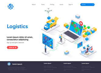 Logistics isometric landing page. Express delivery service, global freight shipping, warehousing and distribution isometry web page. Website flat template, vector illustration with people characters.