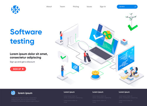 Software testing isometric landing page. Software testing and quality assurance, search of bugs and analysis process isometry web page. Website template, vector illustration with people characters.