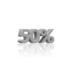 50% percent sign 3d grey silver discount sale sign interest rate symbol savings price reduction tag label isolated. 3D Render of Metal Styled 50% Discount