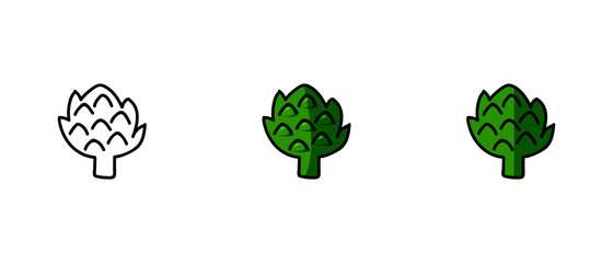 This is a set of icons with different styles of artichoke. Outline and color symbols of the artichoke. Freehand drawing. Stylish solution for a website.