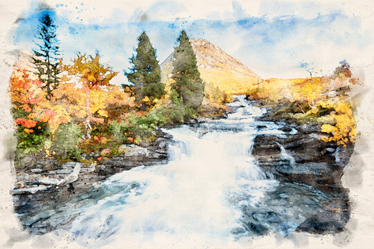 Beautiful autumn landscape with yellow trees and waterfall - waterpaint