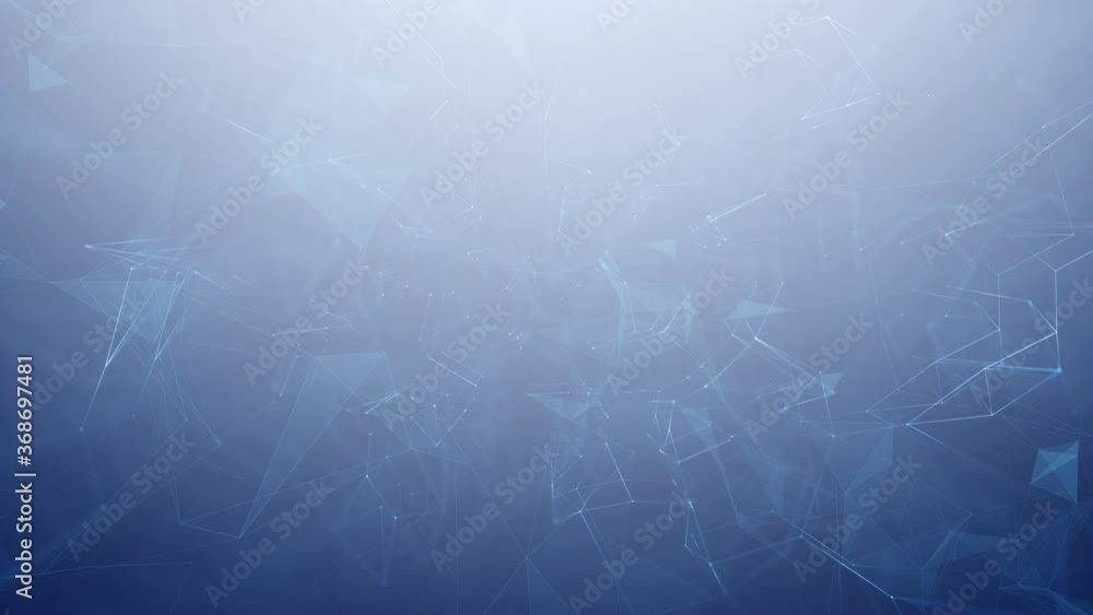 Poster loop features animated technology based shapes, connected white lines and blurry dots on a blue brig