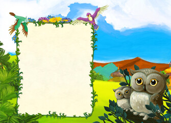 cartoon scene with owls near the forest and castle on the meadow illustration