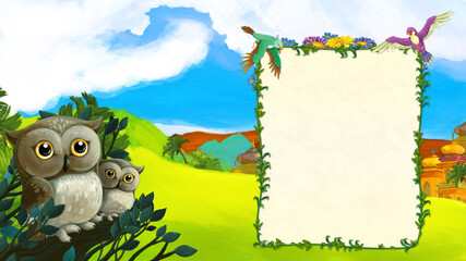 cartoon scene with owls near the forest and castle on the meadow illustration