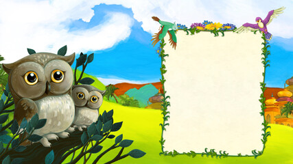 cartoon scene with owls near the forest and castle on the meadow illustration
