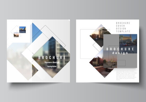 Vector layout of two square format covers design templates with geometric simple shapes, lines and photo place for brochure, flyer, magazine, cover design, book, brochure cover.