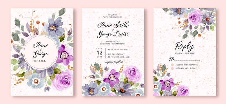 wedding invitation set with blue purple floral watercolor background