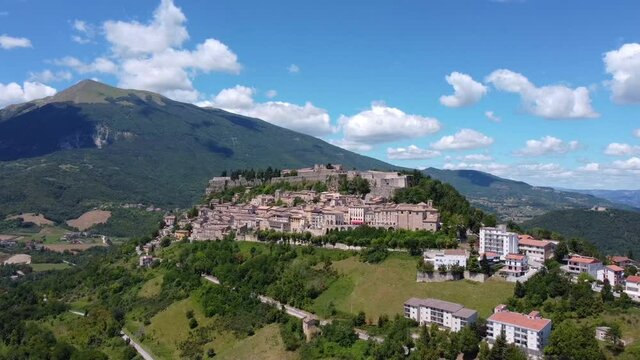 Italy 2020: Aerial view of Civitella del Tronto, built on a hill, on a warm but cloudy summer day. July 2020, Teramo