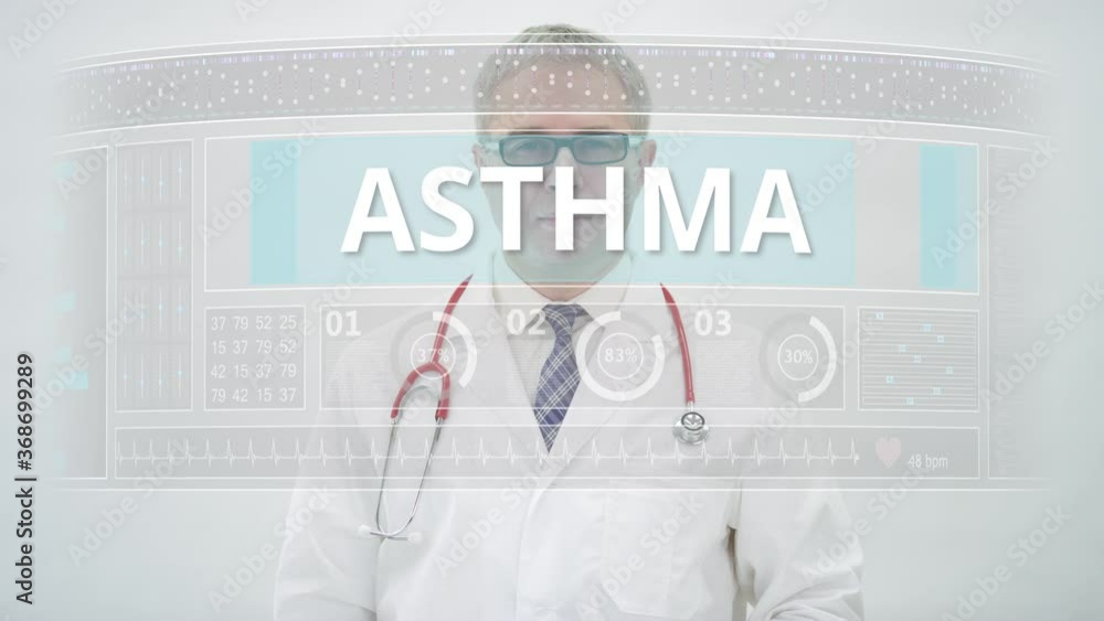Poster doctor scrolls to asthma tab on a modern touchscreen display