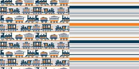 Naklejka premium Pattern_set_Retro_Train_Allover_Print_Coordinated_Stripe_Patterns_Orange_Navy_Blue_White_Background
