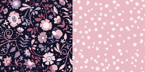 Pattern_Set_Seamless_Dragonflies_Floral_Deep_Purple_Print_Dusty_Rose_Polka_Dot_Background