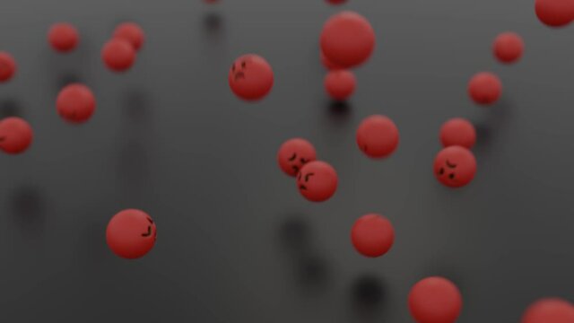 Angry emoji rage balls simulated in 3D CGI with depth of field and smooth camera motion