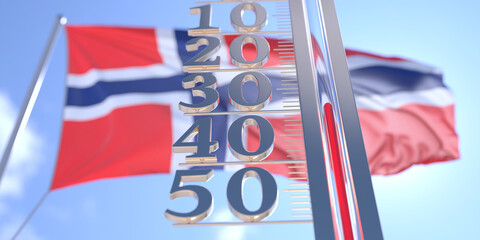 Minus 30 degrees centigrade on a thermometer measuring near flag of Norway. Very cold weather forecast related 3D rendering