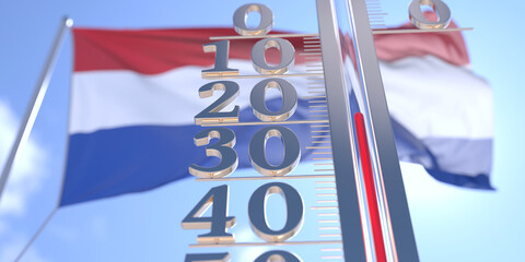 Minus 20 degrees centigrade on a thermometer measuring air temperature near flag of the Netherlands. Cold weather forecast related 3D rendering