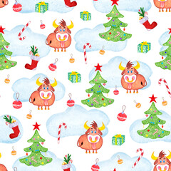 Seamless New Year's pattern with a Christmas tree, bulls. Illustration for printing, backgrounds, wallpapers, covers, packaging, greeting cards, posters, stickers, textile, seasonal design.