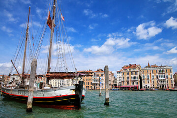 Fototapeta premium Old sailboat moored on Grand Canal in Venice, Italy.