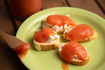 Guava jam with white cheese on bread toast. Breakfast