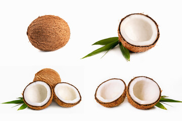 Fototapeta na wymiar Set of Coconut with half and leaves on white background.
