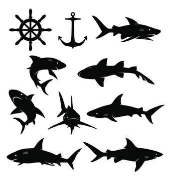 Shark Silhouette Images isolated on white.  Stickers, t shirt, prints, posters 