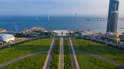 Aerial photography of Dalian Xinghai Square, the second largest square in Asia, taken in Dalian,...