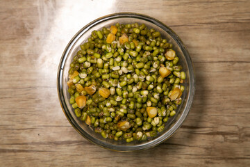 Morning Breakfast of Sprouts and Bread jam Cheese spread served on serving tray macro closeup shot