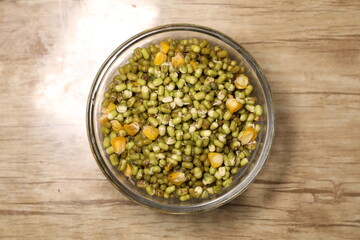 Morning Breakfast of Sprouts and Bread jam Cheese spread served on serving tray macro closeup shot