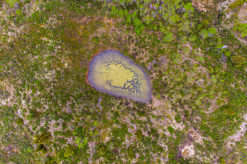 Drone, aerial shot from above a yellow, gold colored lake in northern Canada, Yukon Territory....