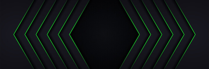 Modern abstract futuristic hexagon carbon fiber and glowing light green luminous lines in black dark room technology background