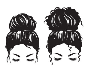 Silhouette image of a woman face with messy hair bun and long eyelashes vector illustration.