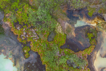 Drone, aerial footage of colorful lakes and ponds below in the Canadian wilderness. Abstract, print, art, wall art. 