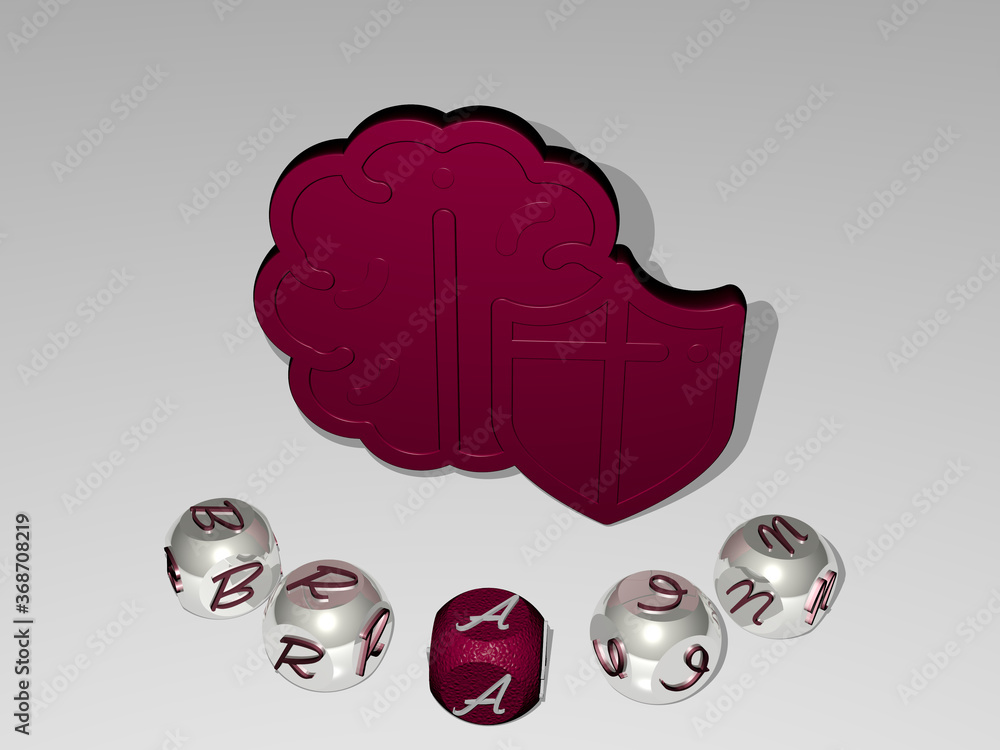 Poster 3d graphical image of brain vertically along with text built around the icon by metallic cubic lette