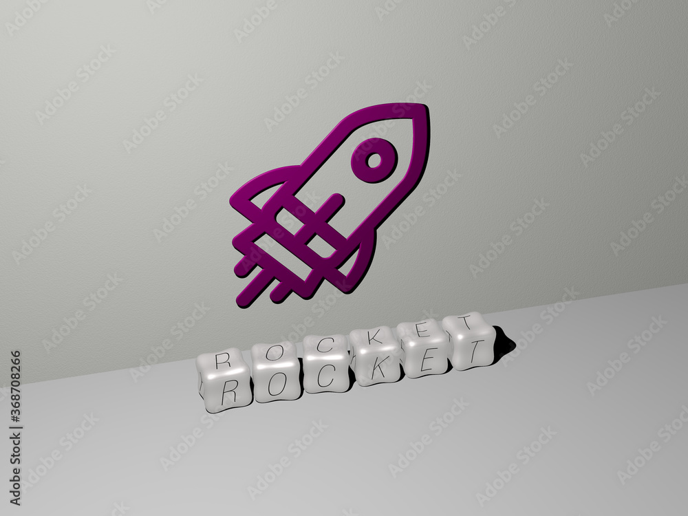 Poster 3d graphical image of rocket vertically along with text built by metallic cubic letters from the top