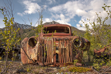 Vintage, rusty, old truck nestled in the wilderness with summertime mountain background.