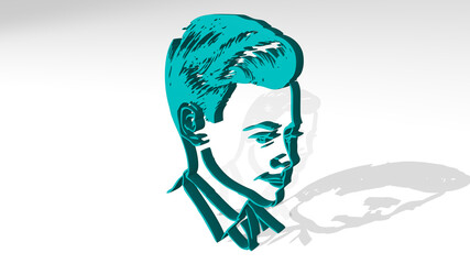 BOY stand with shadow. 3D illustration of metallic sculpture over a white background with mild texture. child and cute