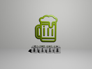3D graphical image of BEER vertically along with text built by metallic cubic letters from the top perspective, excellent for the concept presentation and slideshows. illustration and alcohol
