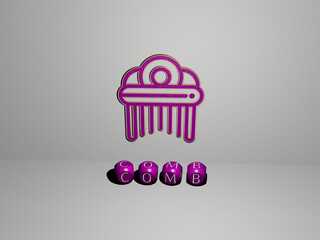 3D representation of comb with icon on the wall and text arranged by metallic cubic letters on a mirror floor for concept meaning and slideshow presentation. background and hair