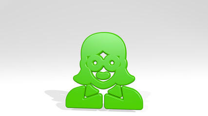 PROFESSIONS WOMAN OFFICE stand with shadow. 3D illustration of metallic sculpture over a white background with mild texture. icon and set