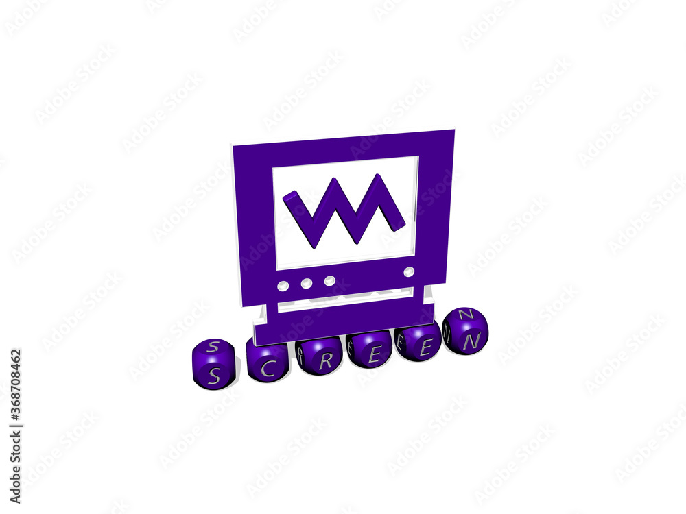 Poster 3d representation of screen with icon on the wall and text arranged by metallic cubic letters on a m
