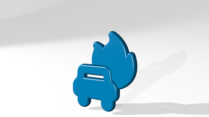 CAR REPAIR FIRE from a perspective with the shadow. A thick sculpture made of metallic materials of 3D rendering. illustration and auto